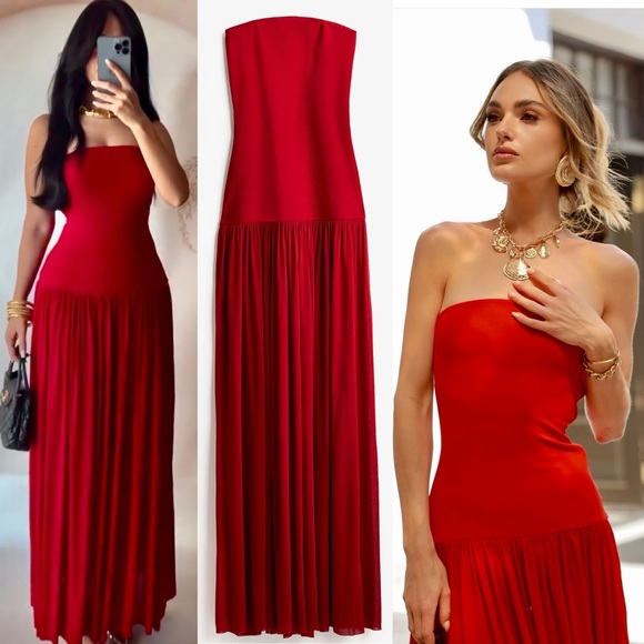 H&M red strapless tube bandeau drop waist contrasting maxi dress - Picture 1 of 17